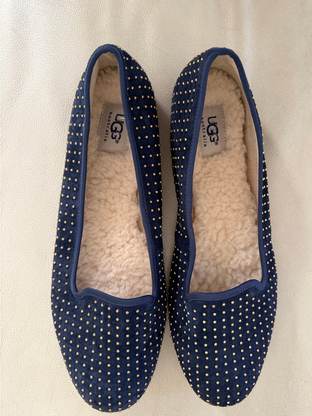 UGG Navy Studded Sheepskin-Lined Slippers